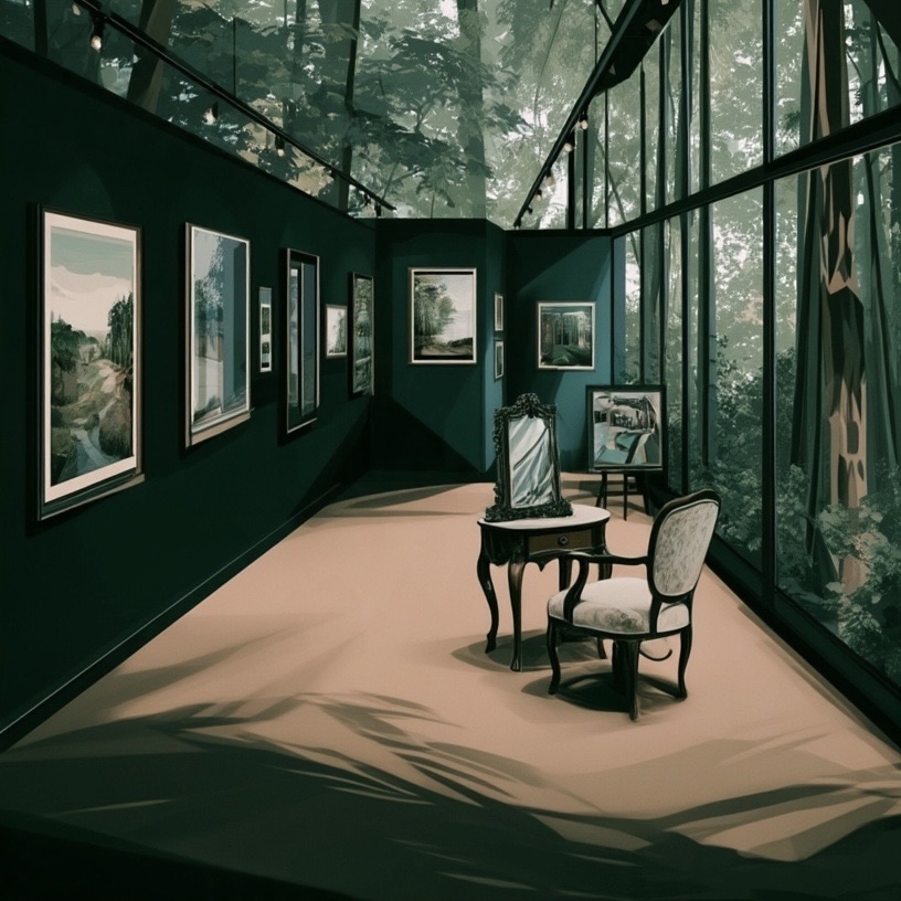 森に囲まれたガラス張りの美術館。深いグリーンの壁に額装された絵画とアンティークの椅子が並ぶ