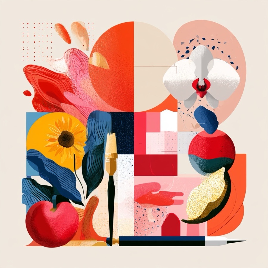 花、果実、絵筆、色面を重ねた抽象的なアート作品