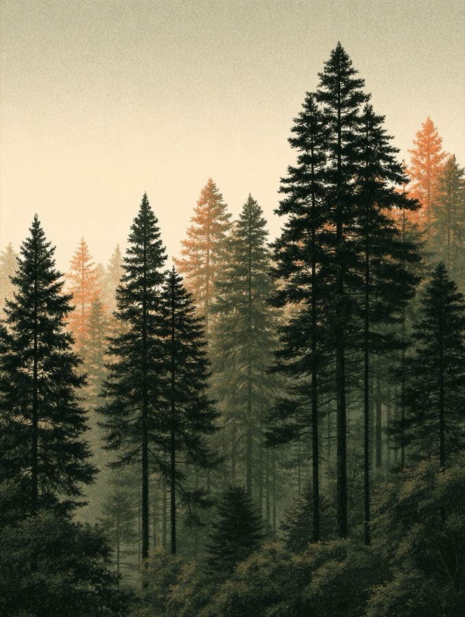 霧の中にそびえる針葉樹の森を描いたアート作品