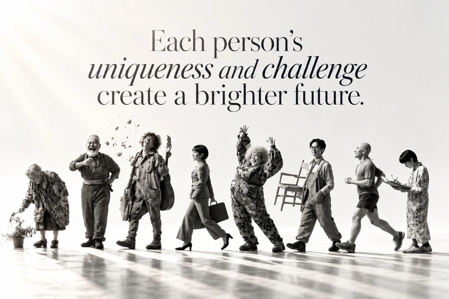 「Each person’s uniqueness and challenge create a brighter future.」の言葉と、さまざまな職業の人たちが並んで歩くモノクロのビジュアル