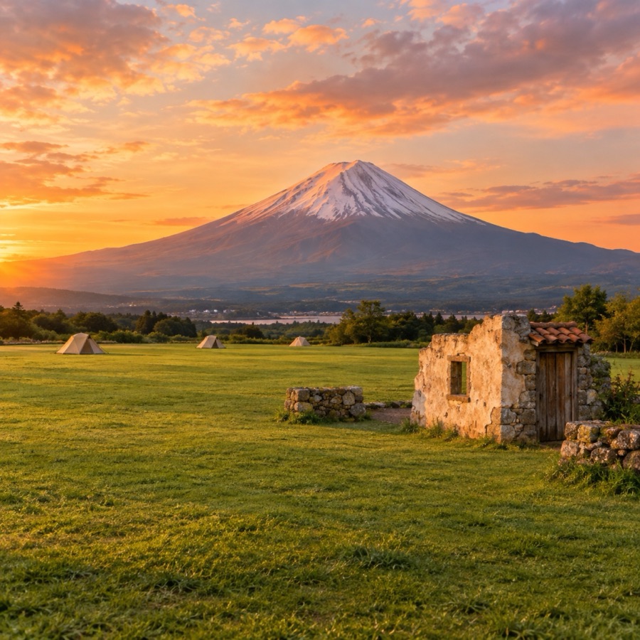 富士山を望む広大な草原のキャンプフィールド