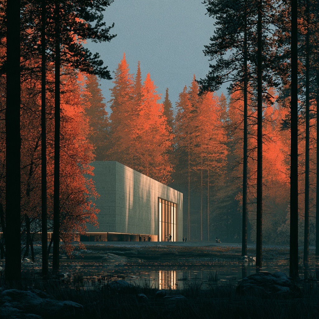 紅葉の森の中に佇む建物のイラスト