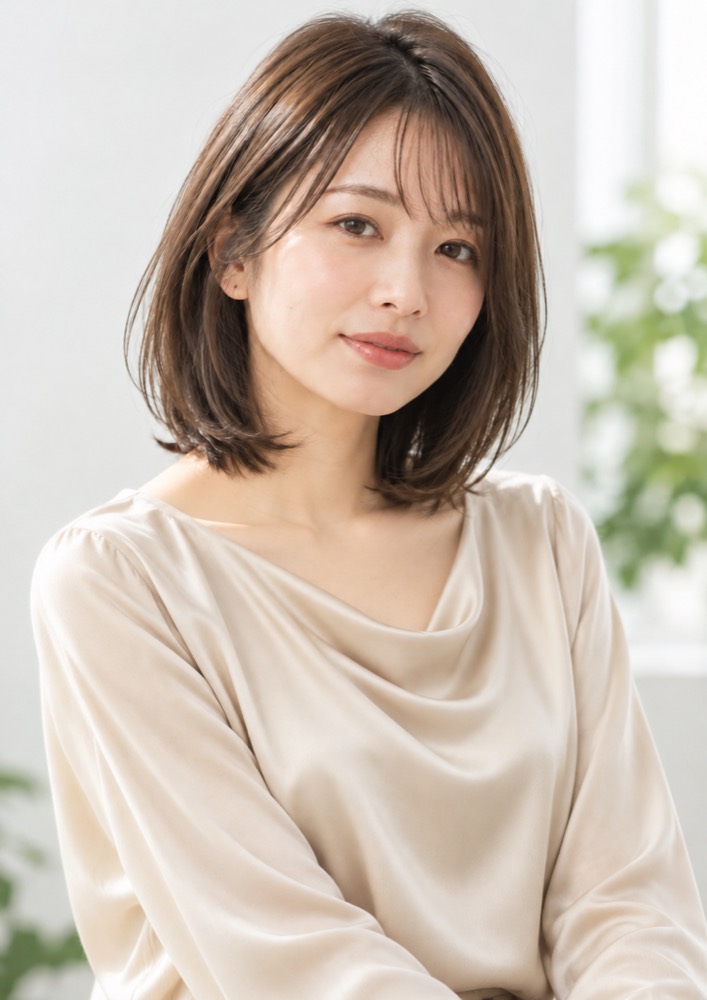 ベージュのブラウスの女性、艶のあるストレートのミディアムボブ