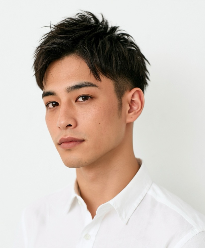 白いシャツの男性、短いサイドと自然に動くトップのショート