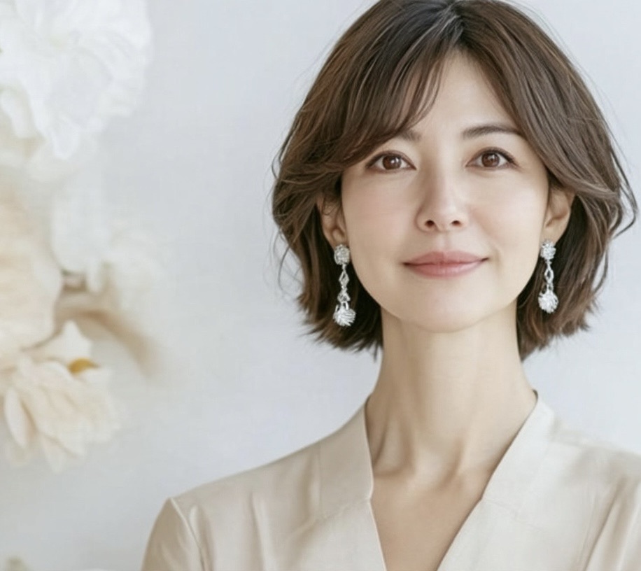 ベージュの衣装の大人の女性、柔らかなブラウンのショートボブ