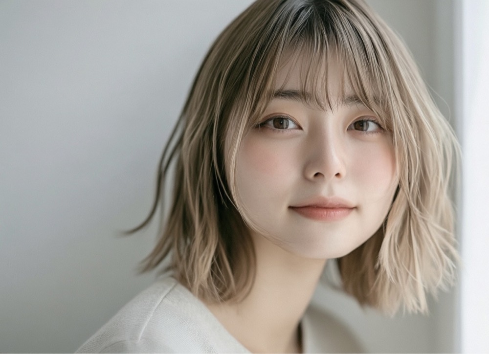 明るいベージュの髪色、柔らかい前髪と軽やかな毛先のボブ