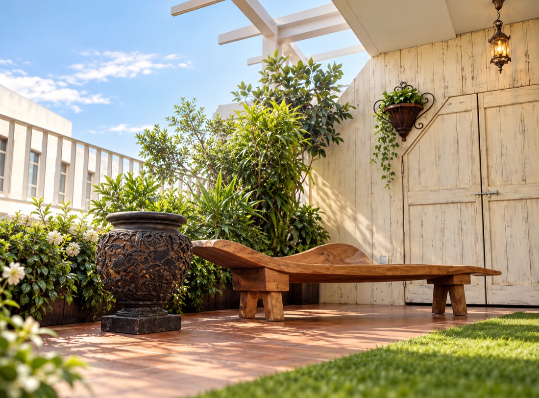 植物とベンチのある屋外のテラス